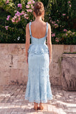 Light Blue Mermaid Corset Bowed Straps Ruffled Midi Dress with 3D Flowers