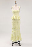 Light Blue Mermaid Corset Bowed Straps Ruffled Midi Dress with 3D Flowers