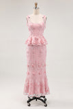 Light Blue Mermaid Corset Bowed Straps Ruffled Midi Dress with 3D Flowers
