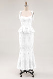Light Blue Mermaid Corset Bowed Straps Ruffled Midi Dress with 3D Flowers