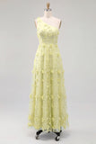 One Shoulder Light Blue A-Line Maxi Dress with 3D Flowers