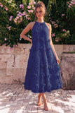 Light Blue Halter Neck A-Line Midi Dress with 3D Flowers
