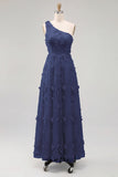 One Shoulder Light Blue A-Line Maxi Dress with 3D Flowers