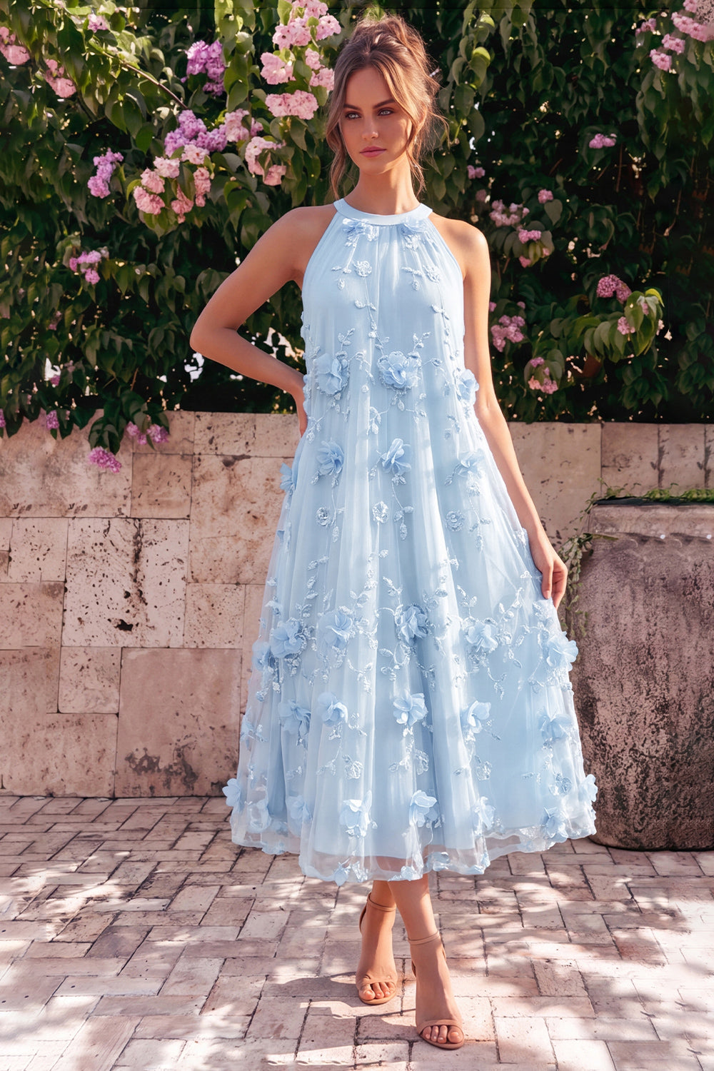 Zapaka Women Light Blue Wedding Guest Dress with 3D Flowers Halter Neck A-Line Midi Dress, Light Blue / US18W
