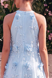 Light Blue Halter Neck A-Line Midi Dress with 3D Flowers