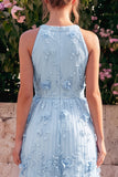 Light Blue Halter Neck A-Line Midi Dress with 3D Flowers