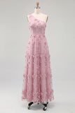 One Shoulder Light Blue A-Line Maxi Dress with 3D Flowers