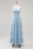 One Shoulder Light Blue A-Line Maxi Dress with 3D Flowers