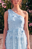 One Shoulder Light Blue A-Line Maxi Dress with 3D Flowers