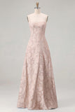 Pink A-Line Floral Spaghetti Straps Long Bridesmaid Dress with Lace Up Back