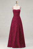 Pink A-Line Floral Spaghetti Straps Long Bridesmaid Dress with Lace Up Back