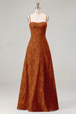 Pink A-Line Floral Spaghetti Straps Long Bridesmaid Dress with Lace Up Back