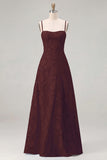 Pink A-Line Floral Spaghetti Straps Long Bridesmaid Dress with Lace Up Back