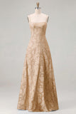 Pink A-Line Floral Spaghetti Straps Long Bridesmaid Dress with Lace Up Back