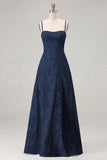 Pink A-Line Floral Spaghetti Straps Long Bridesmaid Dress with Lace Up Back