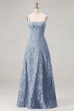 Pink A-Line Floral Spaghetti Straps Long Bridesmaid Dress with Lace Up Back