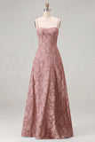 Pink A-Line Floral Spaghetti Straps Long Bridesmaid Dress with Lace Up Back