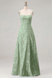 Pink A-Line Floral Spaghetti Straps Long Bridesmaid Dress with Lace Up Back