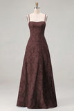 Pink A-Line Floral Spaghetti Straps Long Bridesmaid Dress with Lace Up Back