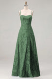 Pink A-Line Floral Spaghetti Straps Long Bridesmaid Dress with Lace Up Back