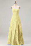 Pink A-Line Floral Spaghetti Straps Long Bridesmaid Dress with Lace Up Back