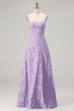 Pink A-Line Floral Spaghetti Straps Long Bridesmaid Dress with Lace Up Back