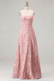Pink A-Line Floral Spaghetti Straps Long Bridesmaid Dress with Lace Up Back