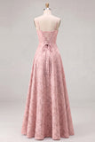 Pink A-Line Floral Spaghetti Straps Long Bridesmaid Dress with Lace Up Back