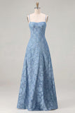 Pink A-Line Floral Spaghetti Straps Long Bridesmaid Dress with Lace Up Back