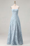 Pink A-Line Floral Spaghetti Straps Long Bridesmaid Dress with Lace Up Back