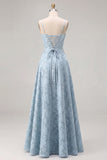 Pink A-Line Floral Spaghetti Straps Long Bridesmaid Dress with Lace Up Back
