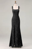 Mermaid Dusty Sage Floral Square Neck Long Bridesmaid Dress with Slit
