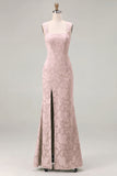 Mermaid Dusty Sage Floral Square Neck Long Bridesmaid Dress with Slit
