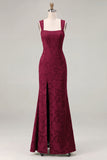 Mermaid Dusty Sage Floral Square Neck Long Bridesmaid Dress with Slit