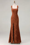Mermaid Dusty Sage Floral Square Neck Long Bridesmaid Dress with Slit