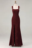 Mermaid Dusty Sage Floral Square Neck Long Bridesmaid Dress with Slit