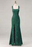 Mermaid Dusty Sage Floral Square Neck Long Bridesmaid Dress with Slit