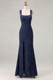 Mermaid Dusty Sage Floral Square Neck Long Bridesmaid Dress with Slit