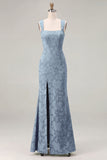 Mermaid Dusty Sage Floral Square Neck Long Bridesmaid Dress with Slit