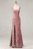 Mermaid Dusty Sage Floral Square Neck Long Bridesmaid Dress with Slit