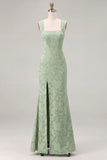 Mermaid Dusty Sage Floral Square Neck Long Bridesmaid Dress with Slit