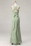 Mermaid Dusty Sage Floral Square Neck Long Bridesmaid Dress with Slit