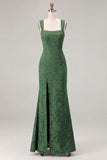 Mermaid Dusty Sage Floral Square Neck Long Bridesmaid Dress with Slit