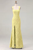 Mermaid Dusty Sage Floral Square Neck Long Bridesmaid Dress with Slit