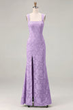 Mermaid Dusty Sage Floral Square Neck Long Bridesmaid Dress with Slit