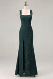 Mermaid Dusty Sage Floral Square Neck Long Bridesmaid Dress with Slit