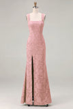 Mermaid Dusty Sage Floral Square Neck Long Bridesmaid Dress with Slit