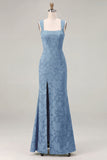 Mermaid Dusty Sage Floral Square Neck Long Bridesmaid Dress with Slit