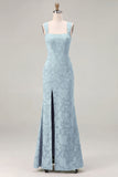 Mermaid Dusty Sage Floral Square Neck Long Bridesmaid Dress with Slit