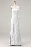Mermaid Dusty Sage Floral Square Neck Long Bridesmaid Dress with Slit